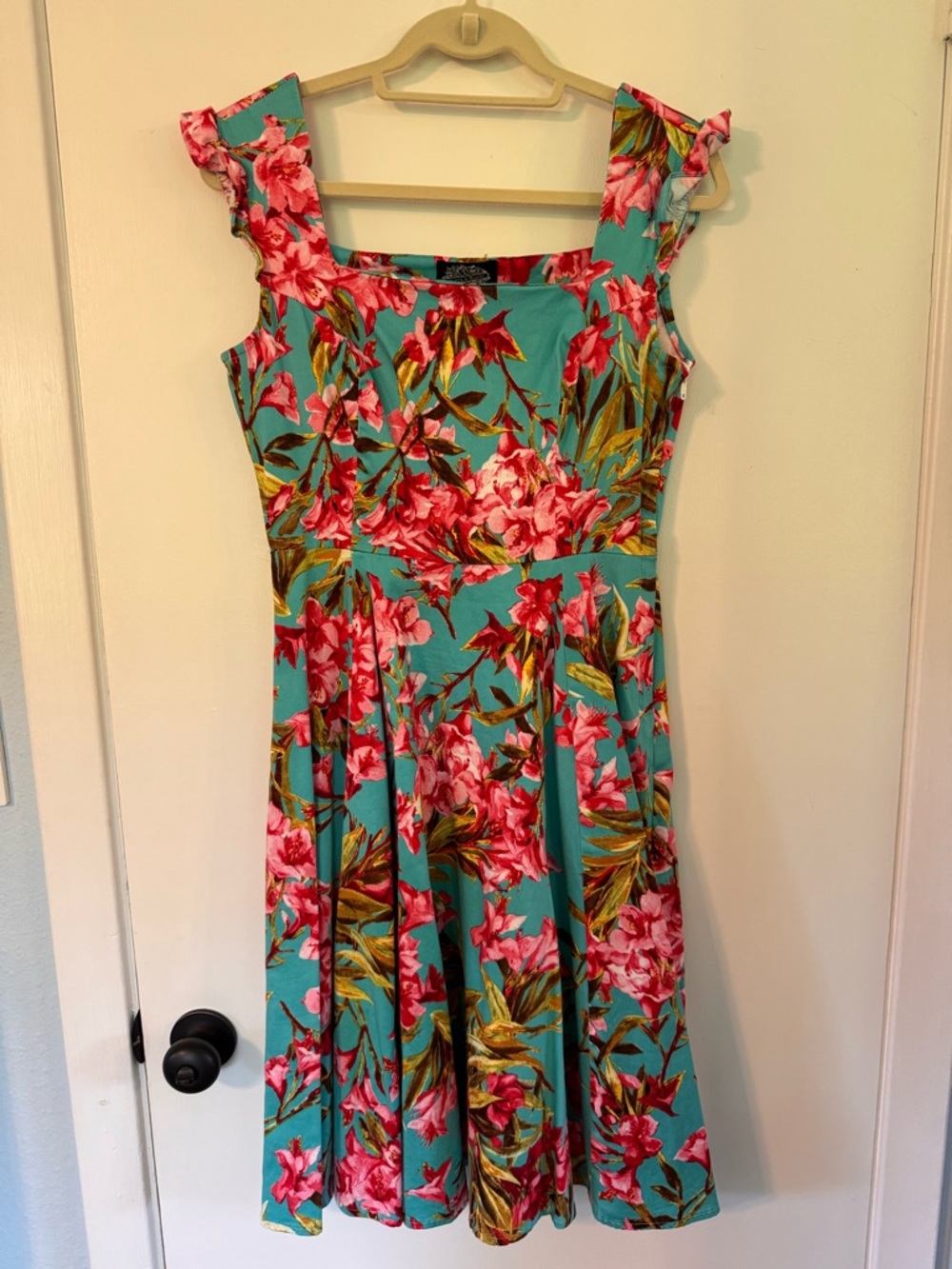 Hearts & Roses Floral Fit & Flare Sun Dress - Turquoise with Pink Bloom